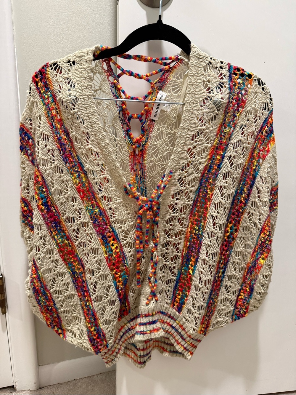 Crochet Open-Knit Sweater with Multicolor Trim